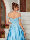 A-Line/Princess Satin Lace Off-the-Shoulder Sleeveless Floor-Length Dresses Prom Evening Dress
