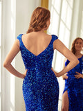 Etui-Linie/Säule Samt Pailletten V-Ausschnitt Ärmellos Hof-schleppe Kleider Ball-/Abendkleid