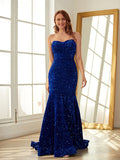 Sheath/Column Velvet Sequins Sweetheart Sleeveless Sweep/Brush Train Dresses Prom Evening Dress