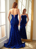 Sheath/Column Velvet Sequins Sweetheart Sleeveless Sweep/Brush Train Dresses Prom Evening Dress