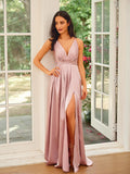 A-Line/Princess Ruched V-neck Sleeveless Floor-Length Dresses Prom Evening Dress