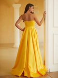 A-Line/Princess Satin Ruffles Spaghetti Straps Sleeveless Floor-Length Dresses Prom Evening Dress