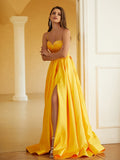 A-Line/Princess Satin Ruffles Spaghetti Straps Sleeveless Floor-Length Dresses Prom Evening Dress