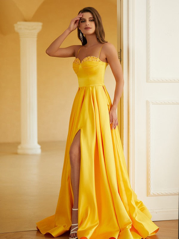 A-Line/Princess Satin Ruffles Spaghetti Straps Sleeveless Floor-Length Dresses Prom Evening Dress