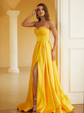 A-Line/Princess Satin Ruffles Spaghetti Straps Sleeveless Floor-Length Dresses Prom Evening Dress