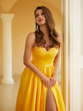 A-Line/Princess Satin Ruffles Spaghetti Straps Sleeveless Floor-Length Dresses Prom Evening Dress