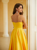 A-Line/Princess Satin Ruffles Spaghetti Straps Sleeveless Floor-Length Dresses Prom Evening Dress