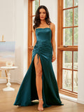 Sheath/Column Silk like Satin Ruched Spaghetti Straps Sleeveless Sweep/Brush Train Dresses Prom Evening Dress