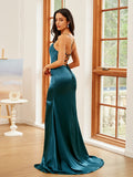 Sheath/Column Silk like Satin Ruched Spaghetti Straps Sleeveless Sweep/Brush Train Dresses Prom Evening Dress
