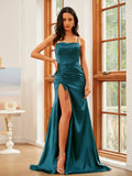 Sheath/Column Silk like Satin Ruched Spaghetti Straps Sleeveless Sweep/Brush Train Dresses Prom Evening Dress