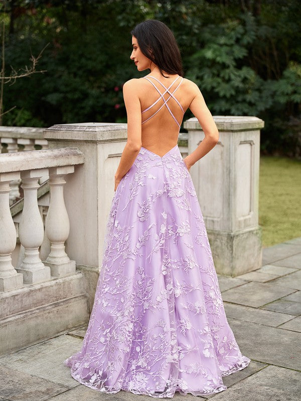 A-Line/Princess Lace V-neck Sleeveless Sweep/Brush Train Dresses Prom Evening Dress