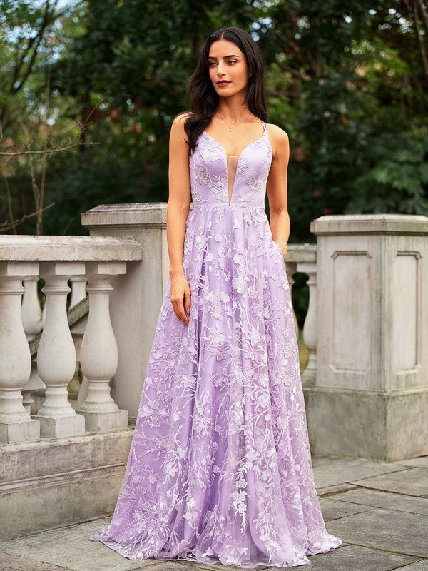 A-Line/Princess Lace V-neck Sleeveless Sweep/Brush Train Dresses Prom Evening Dress