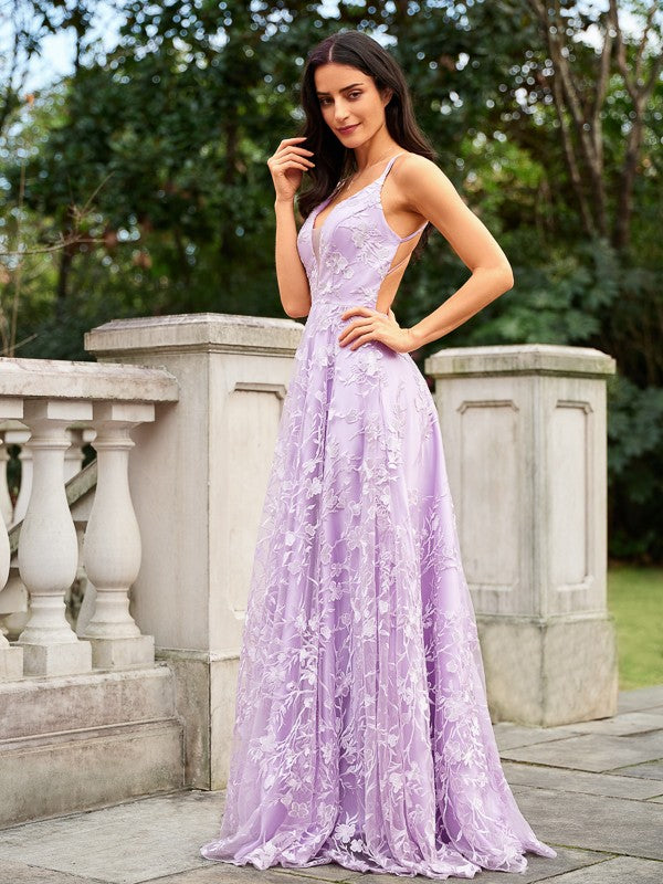 A-Line/Princess Lace V-neck Sleeveless Sweep/Brush Train Dresses Prom Evening Dress