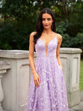 A-Line/Princess Lace V-neck Sleeveless Sweep/Brush Train Dresses Prom Evening Dress