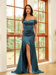 Sheath/Column Silk like Satin Ruched Off-the-Shoulder Sleeveless Sweep/Brush Train Dresses Prom Evening Dress