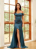 Sheath/Column Silk like Satin Ruched Off-the-Shoulder Sleeveless Sweep/Brush Train Dresses Prom Evening Dress