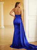 Sheath/Column Silk like Satin Ruched Strapless Sleeveless Sweep/Brush Train Dresses Prom Evening Dress
