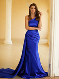 Sheath/Column Silk like Satin Ruched Strapless Sleeveless Sweep/Brush Train Dresses Prom Evening Dress