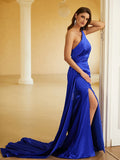 Sheath/Column Silk like Satin Ruched Strapless Sleeveless Sweep/Brush Train Dresses Prom Evening Dress