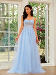 A-Line/Princess Tulle Lace Spaghetti Straps Sleeveless Sweep/Brush Train Dresses Prom Evening Dress