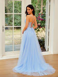 A-Line/Princess Tulle Lace Spaghetti Straps Sleeveless Sweep/Brush Train Dresses Prom Evening Dress