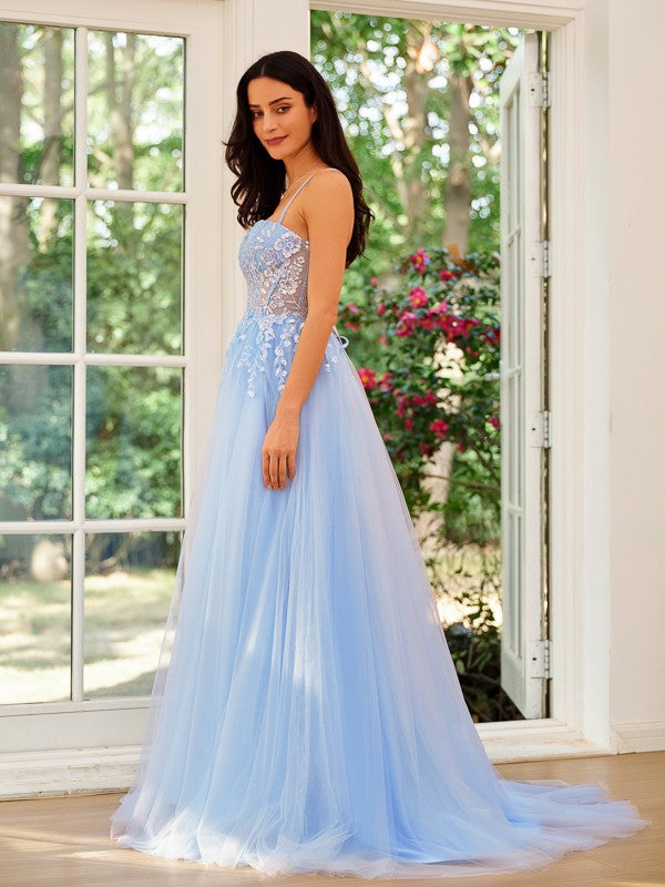 A-Line/Princess Tulle Lace Spaghetti Straps Sleeveless Sweep/Brush Train Dresses Prom Evening Dress