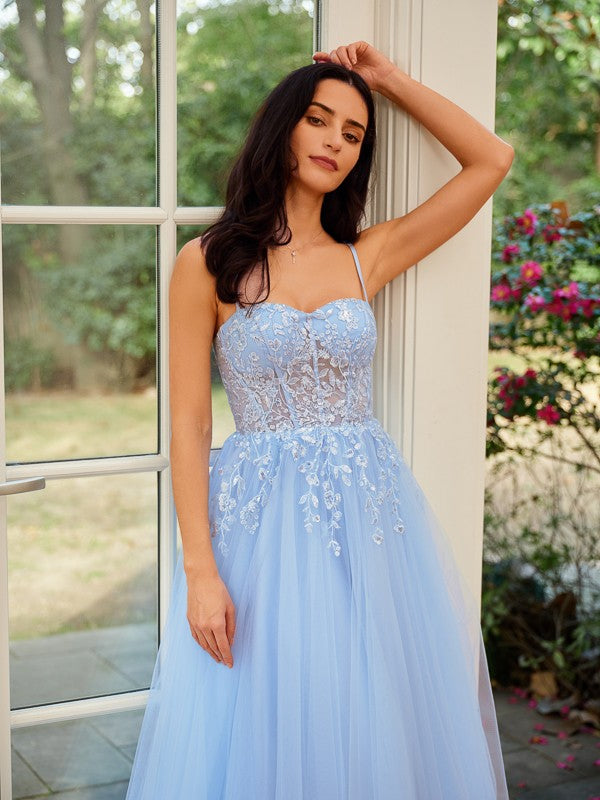 A-Line/Princess Tulle Lace Spaghetti Straps Sleeveless Sweep/Brush Train Dresses Prom Evening Dress