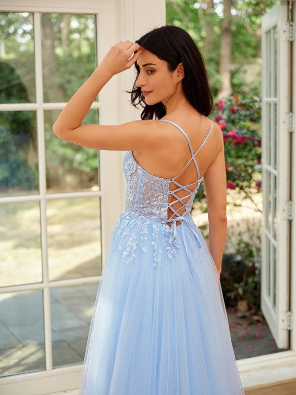 A-Line/Princess Tulle Lace Spaghetti Straps Sleeveless Sweep/Brush Train Dresses Prom Evening Dress