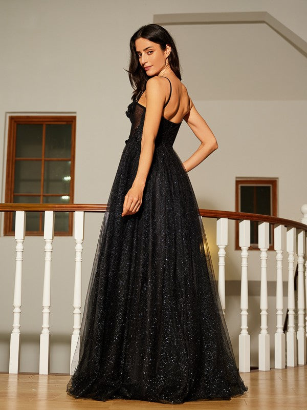 Vestido de noche de graduación con corte A/princesa, apliques, tirantes finos, sin mangas y largo hasta el suelo