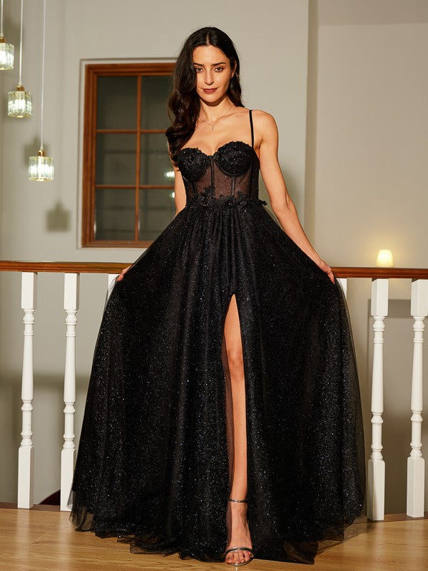 Vestido de noche de graduación con corte A/princesa, apliques, tirantes finos, sin mangas y largo hasta el suelo