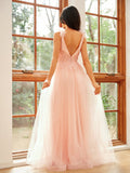 A-Line/Princess Tulle Applique V-neck Sleeveless Floor-Length Dresses Prom Evening Dress
