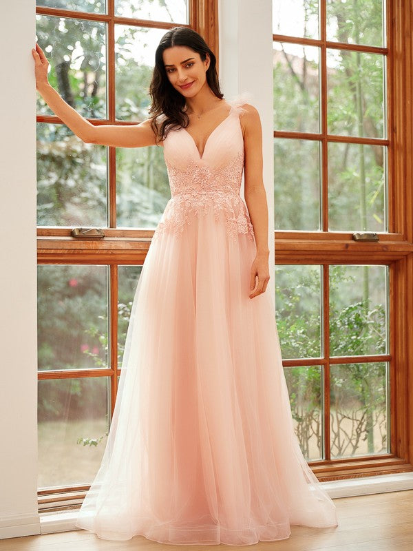 A-Line/Princess Tulle Applique V-neck Sleeveless Floor-Length Dresses Prom Evening Dress