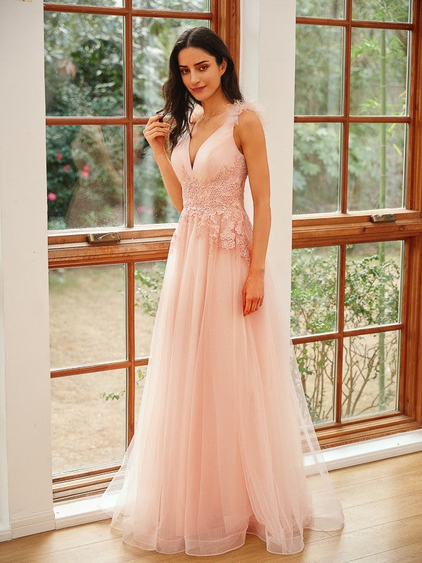 A-Line/Princess Tulle Applique V-neck Sleeveless Floor-Length Dresses Prom Evening Dress