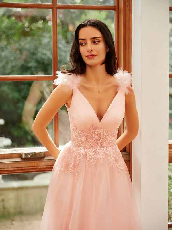 A-Line/Princess Tulle Applique V-neck Sleeveless Floor-Length Dresses Prom Evening Dress