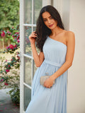 A-Line/Princess Jersey Ruffles One-Shoulder Sleeveless Floor-Length Dresses Prom Evening Dress