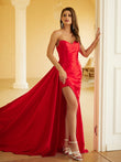 Sheath/Column Silk like Satin Ruched Sweetheart Sleeveless Sweep/Brush Train Dresses Prom Evening Dress