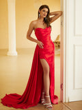 Sheath/Column Silk like Satin Ruched Sweetheart Sleeveless Sweep/Brush Train Dresses Prom Evening Dress
