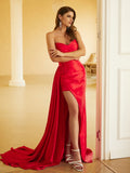 Sheath/Column Silk like Satin Ruched Sweetheart Sleeveless Sweep/Brush Train Dresses Prom Evening Dress
