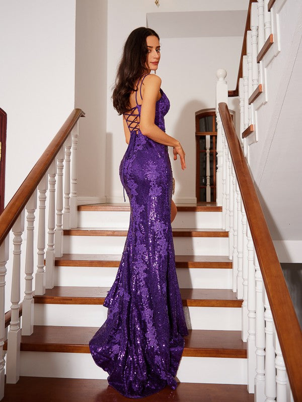 Vestido de noche de fiesta con escote en V, sin mangas, con apliques de lentejuelas y cola de corte