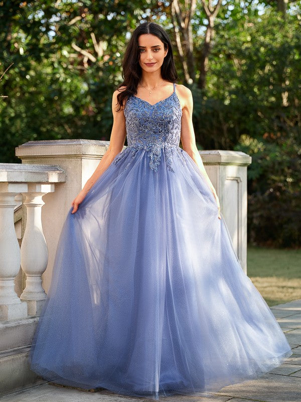 A-Line/Princess Tulle Applique V-neck Sleeveless Floor-Length Dresses Prom Evening Dress
