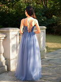 A-Line/Princess Tulle Applique V-neck Sleeveless Floor-Length Dresses Prom Evening Dress