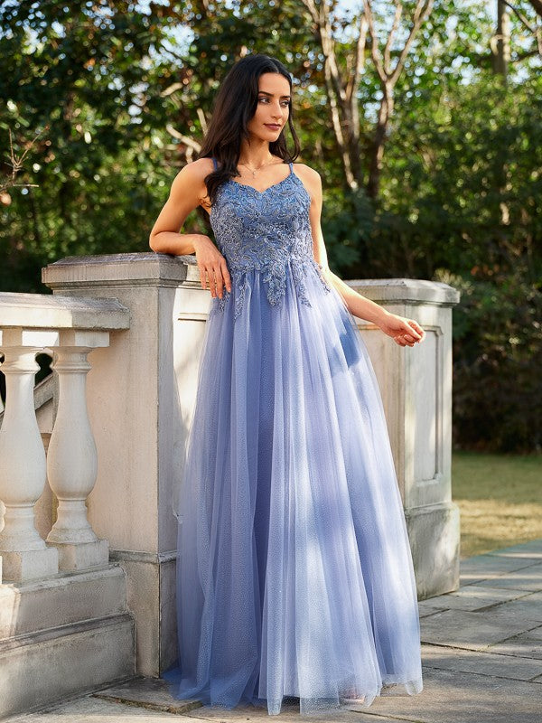 A-Line/Princess Tulle Applique V-neck Sleeveless Floor-Length Dresses Prom Evening Dress