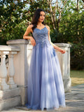 A-Line/Princess Tulle Applique V-neck Sleeveless Floor-Length Dresses Prom Evening Dress