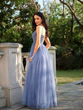 A-Line/Princess Tulle Applique V-neck Sleeveless Floor-Length Dresses Prom Evening Dress