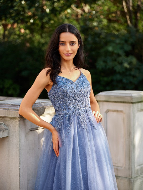 A-Line/Princess Tulle Applique V-neck Sleeveless Floor-Length Dresses Prom Evening Dress