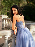 A-Line/Princess Tulle Applique V-neck Sleeveless Floor-Length Dresses Prom Evening Dress