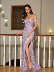 Sheath/Column Silk like Satin Lace Off-the-Shoulder Sleeveless Sweep/Brush Train Dresses Prom Evening Dress
