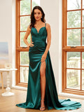 Sheath/Column Silk like Satin Ruched V-neck Sleeveless Sweep/Brush Train Dresses Prom Evening Dress