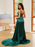 Sheath/Column Silk like Satin Ruched V-neck Sleeveless Sweep/Brush Train Dresses Prom Evening Dress