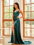 Sheath/Column Silk like Satin Ruched V-neck Sleeveless Sweep/Brush Train Dresses Prom Evening Dress